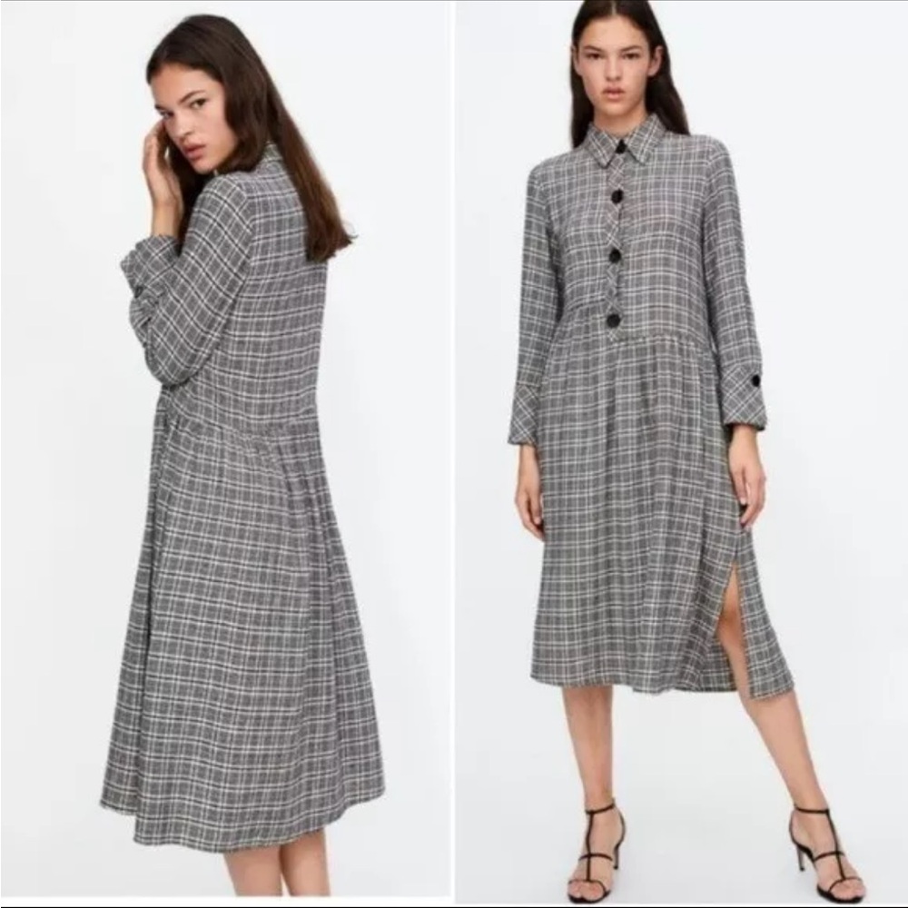 Zara Basic Plaid Long Sleeve Midi Dress Gray & White Collared Buttoned Size M